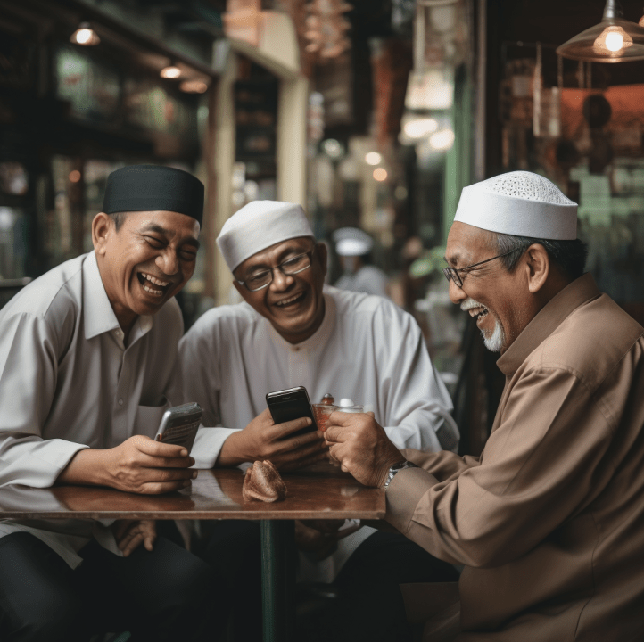 old men in malaysia enjoying coffee and looking at mobile phone laughing
